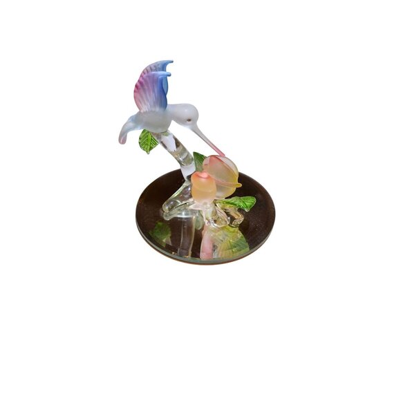 Glass Hummingbird Figurine With Roses On Mirrored Base 5.5 Inches Tall - Picture 3 of 4